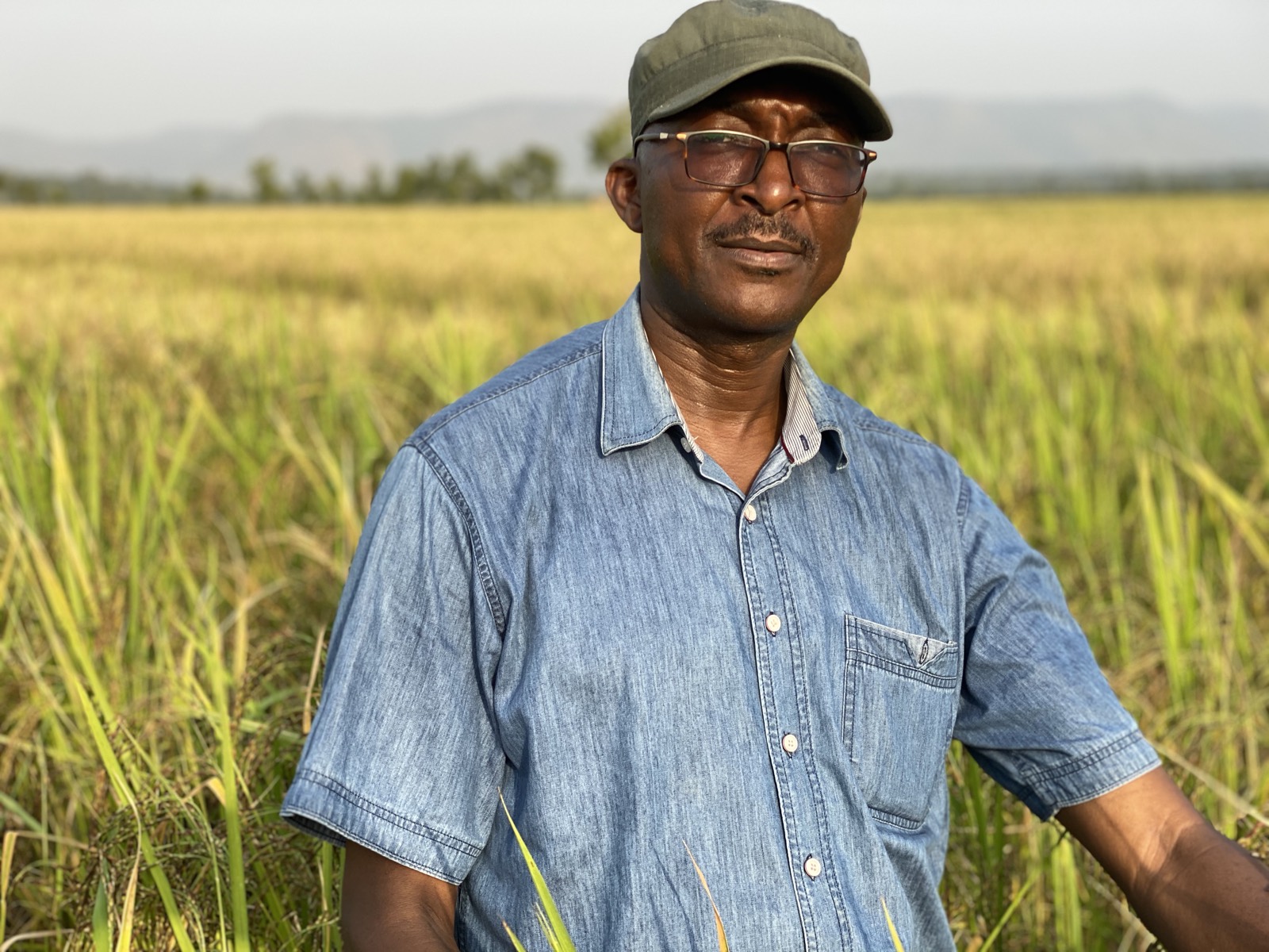 M. Moustapha Grovogui, fondateur et promoteur principal d'ABIG, dans un champ à Faranah.